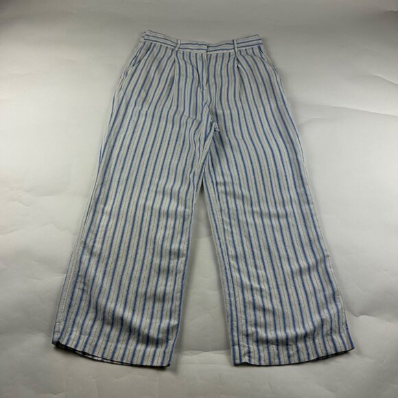 PETITE Loft Blue Striped Linen Blend Wide Leg Summer Trouser 6P - Picture 1 of 8